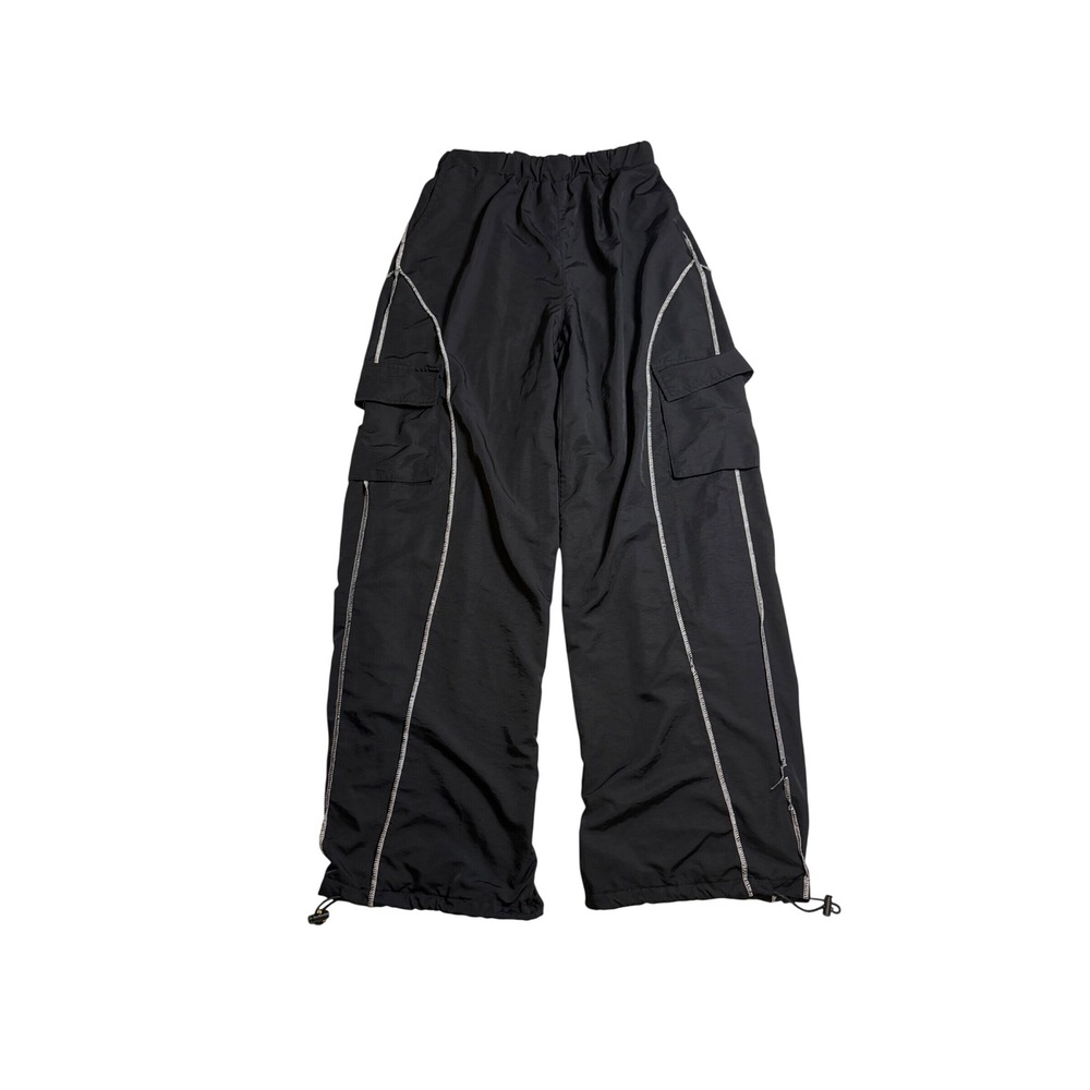 Y2K Grunge Black Nylon Wide Leg Cargo Pants with White Contrast Stitching